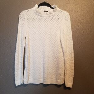 Talbots M Sweater White Ruffle Neck Wool Blend Open Knit Preppy Office Feminine